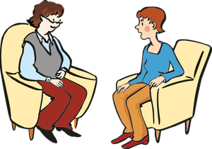 Zwei Frauen sitzen sich in zwei Sesseln gegenüber und reden miteinander