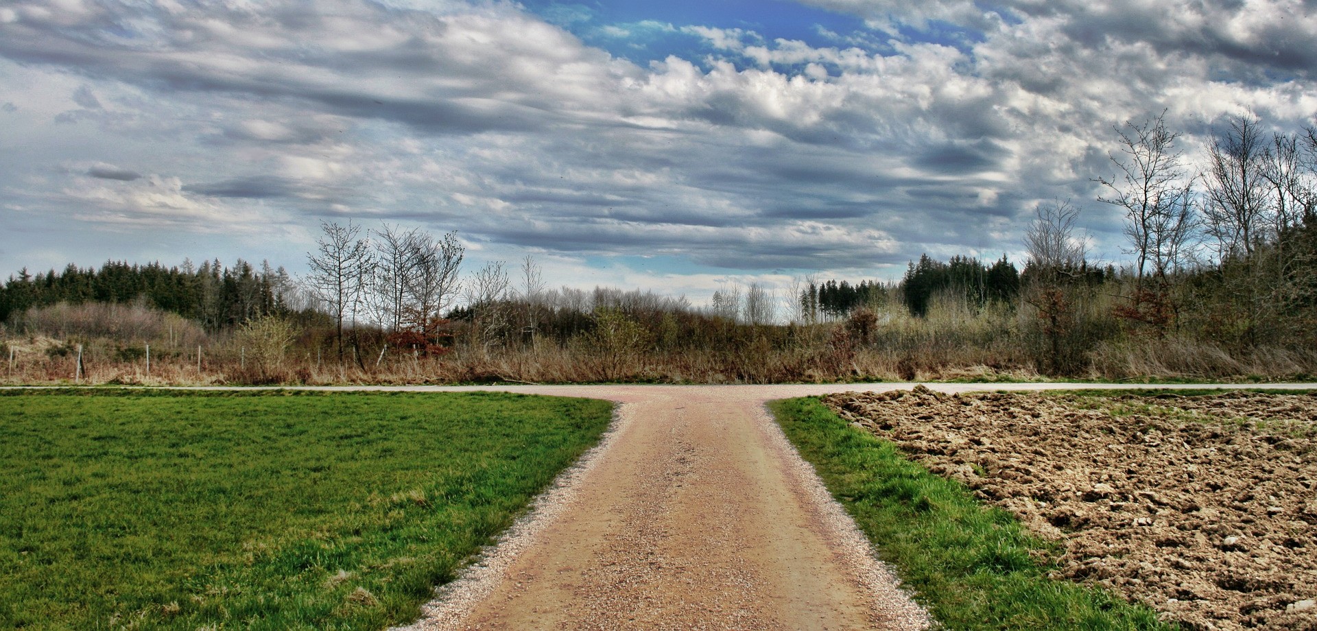 Ein Feldweg endet in einer T-Kreuzung und biegt daher sowohl nach rechts als auch nach links ab