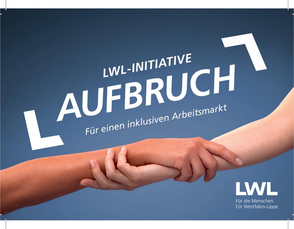 Zwei Hände greifen sich – Plakat der LWL-Initiative ‚Aufbruch‘ für einen inklusiven Arbeitsmarkt.