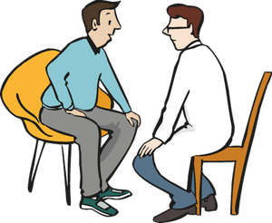 Ein Mann in einem langen, weißen Kittel und ein Mann in Pullover und Hose sitzen sich auf Stühlen gegenüber und unterhalten sich miteinander
